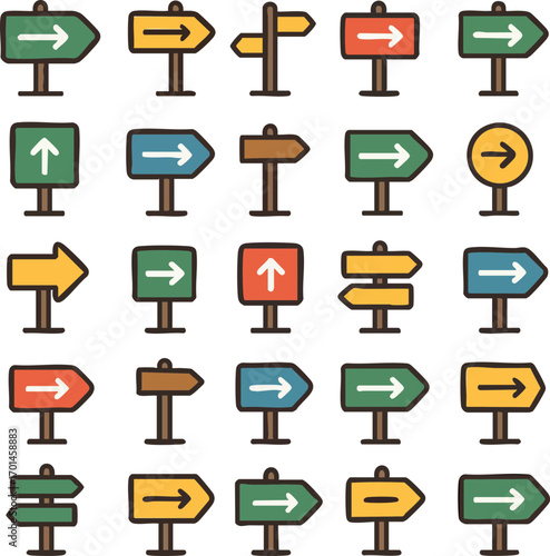 Directional Signage Collection Diverse Arrow Indicators for Navigation and Guidance.