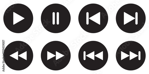 Play icon set. Media player controls with play, pause, stop, record, rewind and forward vector illustration. Universal video and music navigation symbol. Interface playback UI sign. Control pictogram