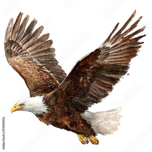 Majestic bald eagle soaring through the air with wings spread wide.