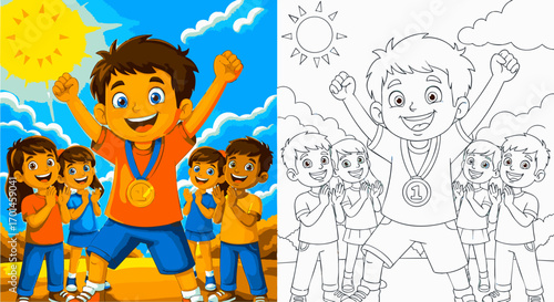 Champion's Victory Joyful Celebration of Success, Illustrated with Medals and Enthusiastic Crowd