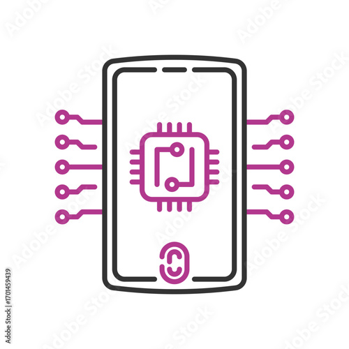 AI Application Icon, Artificial Intelligence based application with high-tech mobile phone and chipset symbols