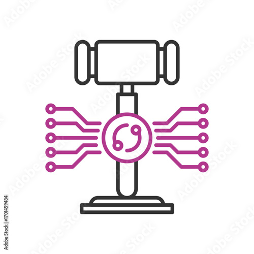 AI Ethic icon, artificial intelligence rules and regulations with judge's gavel and technology symbols.