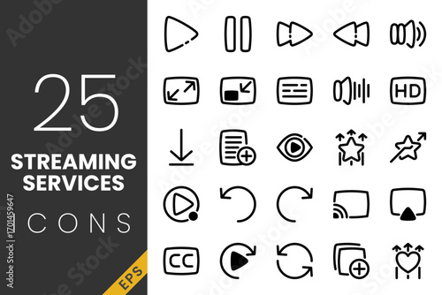 A simple, linear set of Streaming Service icons, including play, pause, audio, playlist, and more. Suitable for UI and multimedia needs.