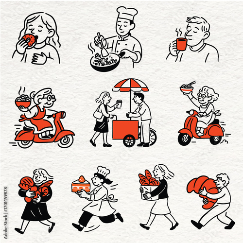 Culinary Lifestyle Illustrations – Eating, Cooking, Bakery, and Street Food Scenes