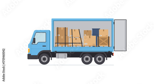 a blue delivery truck loaded with cardboard boxes ready for transport