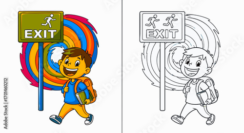 Joyful cartoon student with a backpack walking towards an exit sign, escaping a vibrant abstract vortex. Vector art with a coloring page version for kids