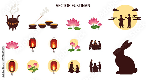 Collection of midautumn festival icons featuring lanterns, lotus flowers, moon, people gathering, rabbit silhouette, and tea ceremony, representing traditional chinese culture and celebration
