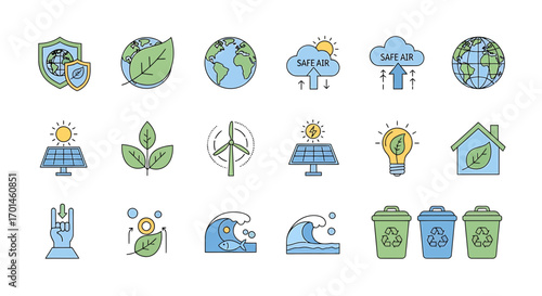 Collection of environmental icons featuring renewable energy sources like solar panels and wind turbines, alongside recycling symbols, water waves, and ecofriendly practices for a sustainable future