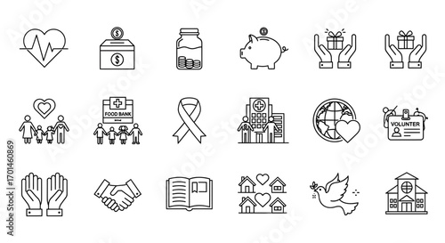 A collection of charity and donation icons, symbolizing various forms of support, aid, and community involvement, including healthcare, fundraising, volunteering, and humanitarian efforts