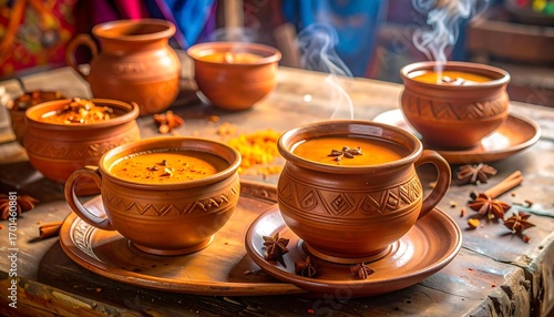 Steaming mugs of warm, spiced beverage in rustic, terracotta pottery sit on a wooden table, evoking a cozy autumnal mood.