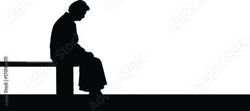 Sad Elderly Woman Sitting Alone on Bench, Depressed Senior Lady in Silhouette, Loneliness and Solitude Concept Vector Illustration