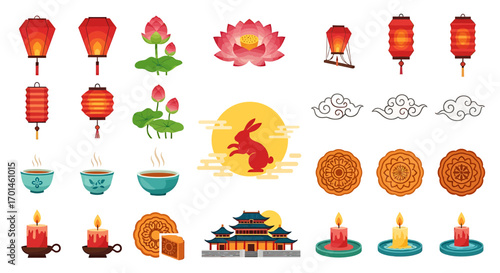 A vibrant collection of midautumn festival icons, including lanterns, lotus flowers, mooncakes, and a rabbit silhouette against a full moon, capturing the essence of this traditional celebration