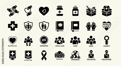 A comprehensive collection of solid glyph icons representing charity, humanitarian aid, social care, and community support concepts like hope and kindness