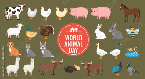 Canvas Print Celebrating World Animal Day with a Diverse Collection of Farm and Wild Animals