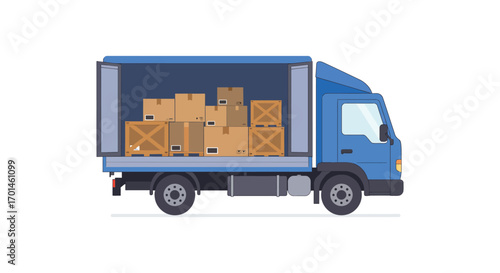 a blue delivery truck filled with cardboard boxes ready for transport