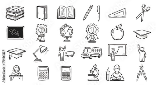 School and Education A collection of hand-drawn illustrations and icons for learning and knowledge