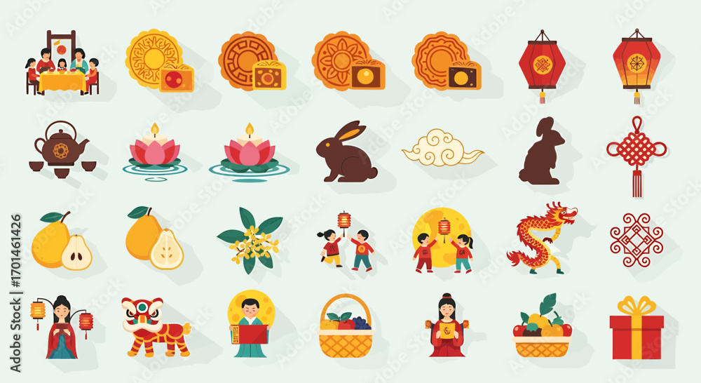 Fototapeta premium Illustration set of mid autumn festival elements includes mooncakes, lanterns, tea, lotus flowers, rabbits, pears, osmanthus, children, dragons, lion dance, and other traditional symbols