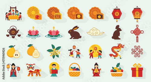 Illustration set of mid autumn festival elements includes mooncakes, lanterns, tea, lotus flowers, rabbits, pears, osmanthus, children, dragons, lion dance, and other traditional symbols