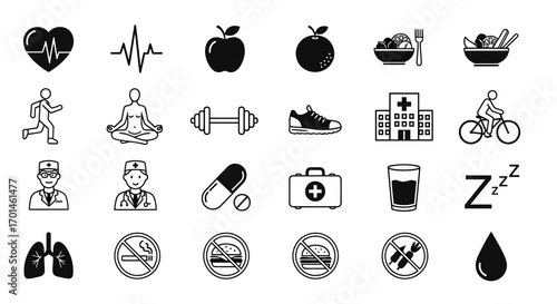 A set of black and white icons depicting various aspects of health and wellness, including heart health, exercise, healthy eating, sleep, and medical care