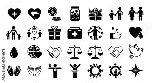 Set of Black and White Charity and Donation Icons Symbolizing Giving, Support, and Help