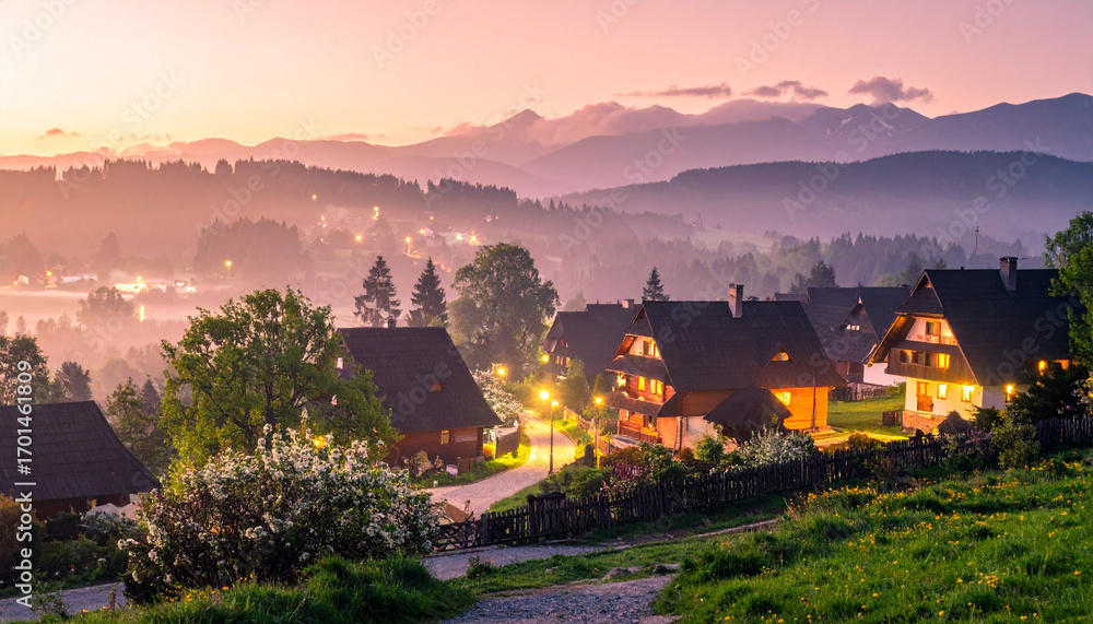 Fototapeta premium Scenic rural mountain houses with fog and golden dawn