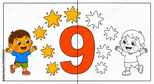 Cute cartoon boy celebrating with a large number nine and twinkling stars, perfect for educational and fun content