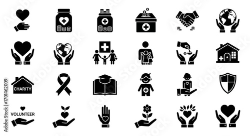 Charity and donation vector icon set collection of symbols representing giving, care, support, and volunteerism, including hands holding hearts, medical supplies, and donation boxes