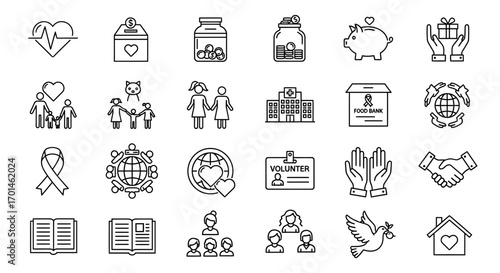 A set of outline icons symbolizing charity and donation, featuring hearts, money, families, hospitals, volunteers, and helping hands, all, ideal for nonprofit and humanitarian themes