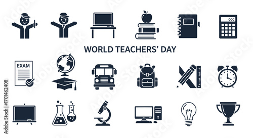 Set of world teachers day icons contains student, laptop, book, calculator, exam, globe, school bus, backpack, pencil, alarm clock, blackboard, flask, microscope, computer, light bulb, trophy