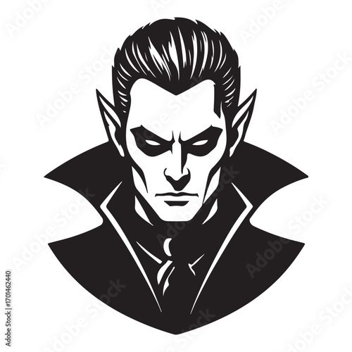 Black and white illustration of a vampire head Dracula