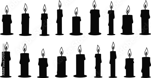 Burning candle silhouettes collection, black candle flame, wax candle design, romantic light, spiritual prayer candle, vector illustration artwork