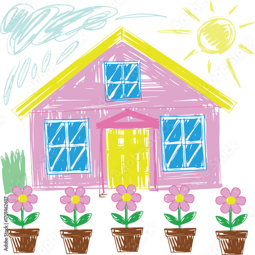 Simple colorful child s drawing of a pink house and flowers