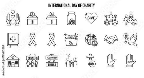 International Day of Charity Icon Set Donate, Volunteer, Give, Kindness, Global Assistance Symbols