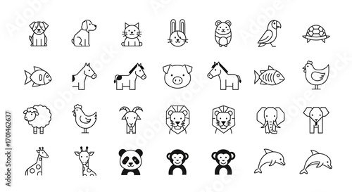 Illustration set of various animal icons including dog, cat, rabbit, hamster, bird, turtle, fish, horse, pig, sheep, goat, lion, elephant, giraffe, panda, monkey, and dolphin