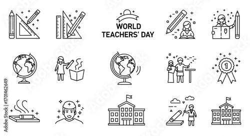 Illustration set for world teachers day featuring icons such as ruler, pencil, globe, student, teacher, school building, and more