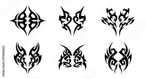 Collection of six tribal tattoo designs these designs feature bold, symmetrical patterns, perfect for body art or graphic elements, showcasing a variety of abstract shapes