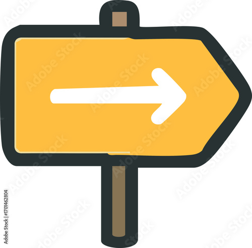 Hand-drawn yellow signpost with a right arrow, pointing way.