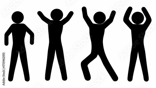 Four black stick figures in various poses with arms raised and legs apart on a white background design silhouette