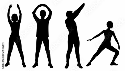 Silhouettes of people doing various arm raising exercises and stretching poses in black on a white background