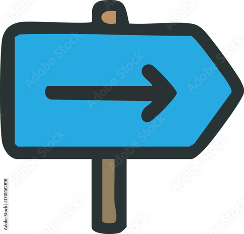Iconic blue signpost with right arrow for guidance.