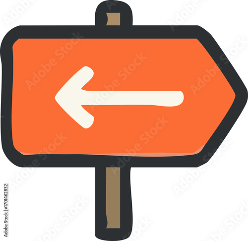 Hand-drawn orange sign with left arrow for direction.