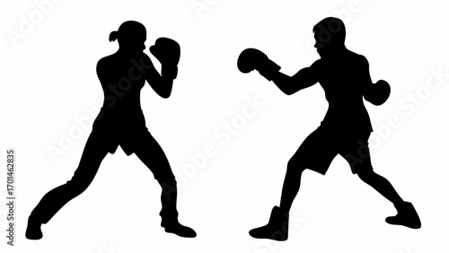 Two silhouetted figures engaged in a boxing match with gloves in a fighting stance on a white background