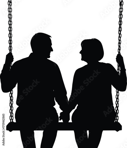 Silhouette of Couple Sitting on Swing, Holding Hands, Romantic Moment Illustration, Senior Love Concept, Relationship Vector Artwork