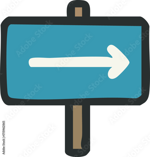 Hand-drawn blue signpost with right arrow for direction