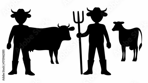 Silhouette illustration of two farmers with hats and two cows in a field on a white background