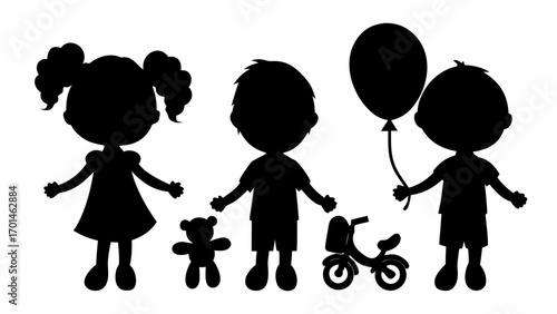 Silhouette illustration of a girl with pigtails, two boys, a teddy bear, a bike, and a balloon, all in black