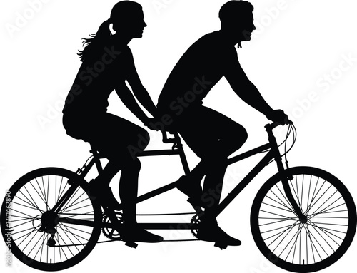 Silhouette of couple riding tandem bicycle together, romantic outdoor activity, black vector illustration of man and woman cycling in sync.