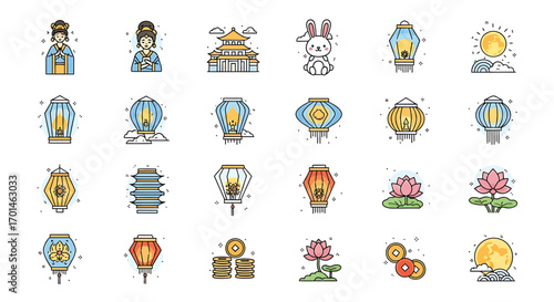 A delightful collection of midautumn festival icons, showcasing traditional chinese elements such as lanterns, mooncakes, rabbits, and pagodas, all rendered in a charming, handdrawn style