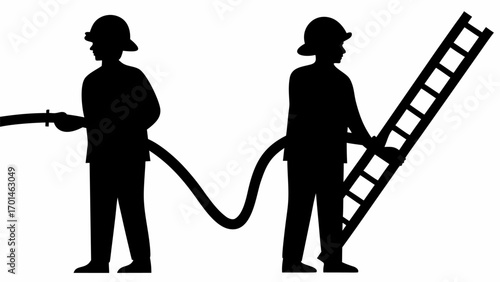 Silhouette of two firefighters one holding a hose and the other holding a ladder in black and white