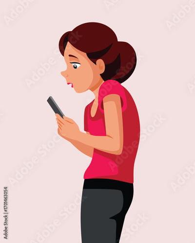 Hunchbacked Girl Reads Messages on her Phone Vector Character. Young lady addicted to social media keeping her bad posture while typing  